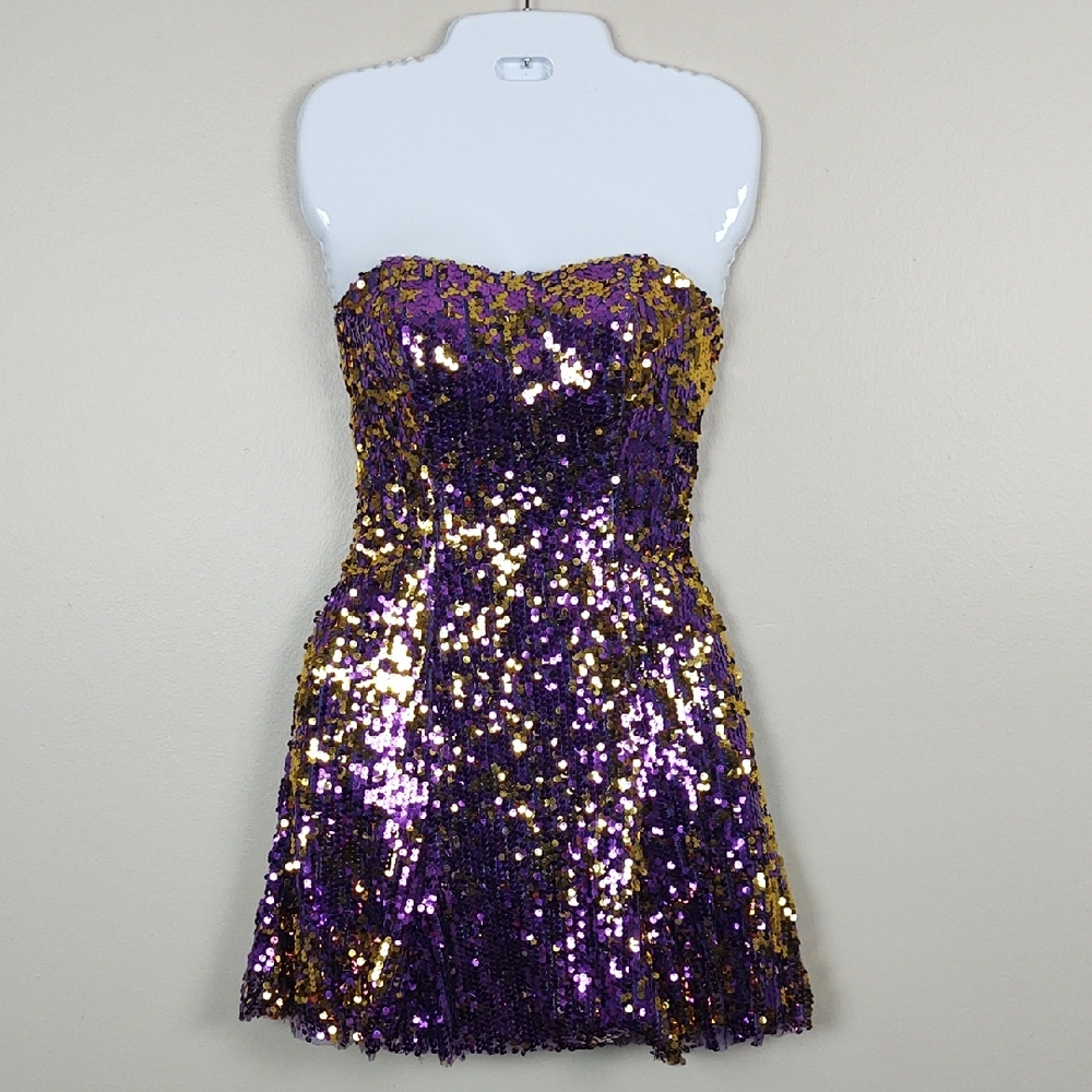 Purple & Gold Sequin Strapless Homecoming Dress Prom Size 4